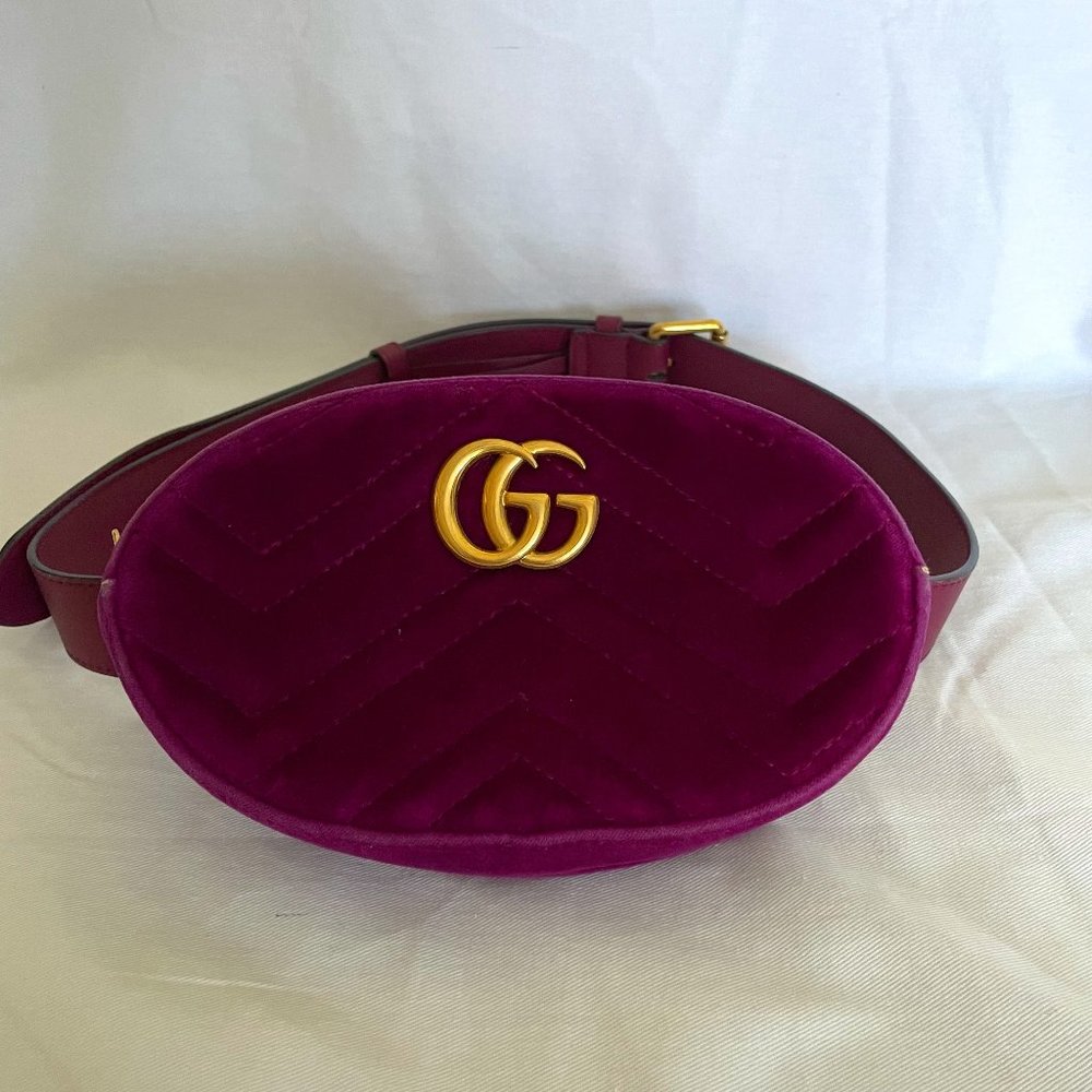 GUCCI Velvet Matelasse GG Marmont Belt Bag 85 34 85/34 Fuchsia Violet Cyclamen
